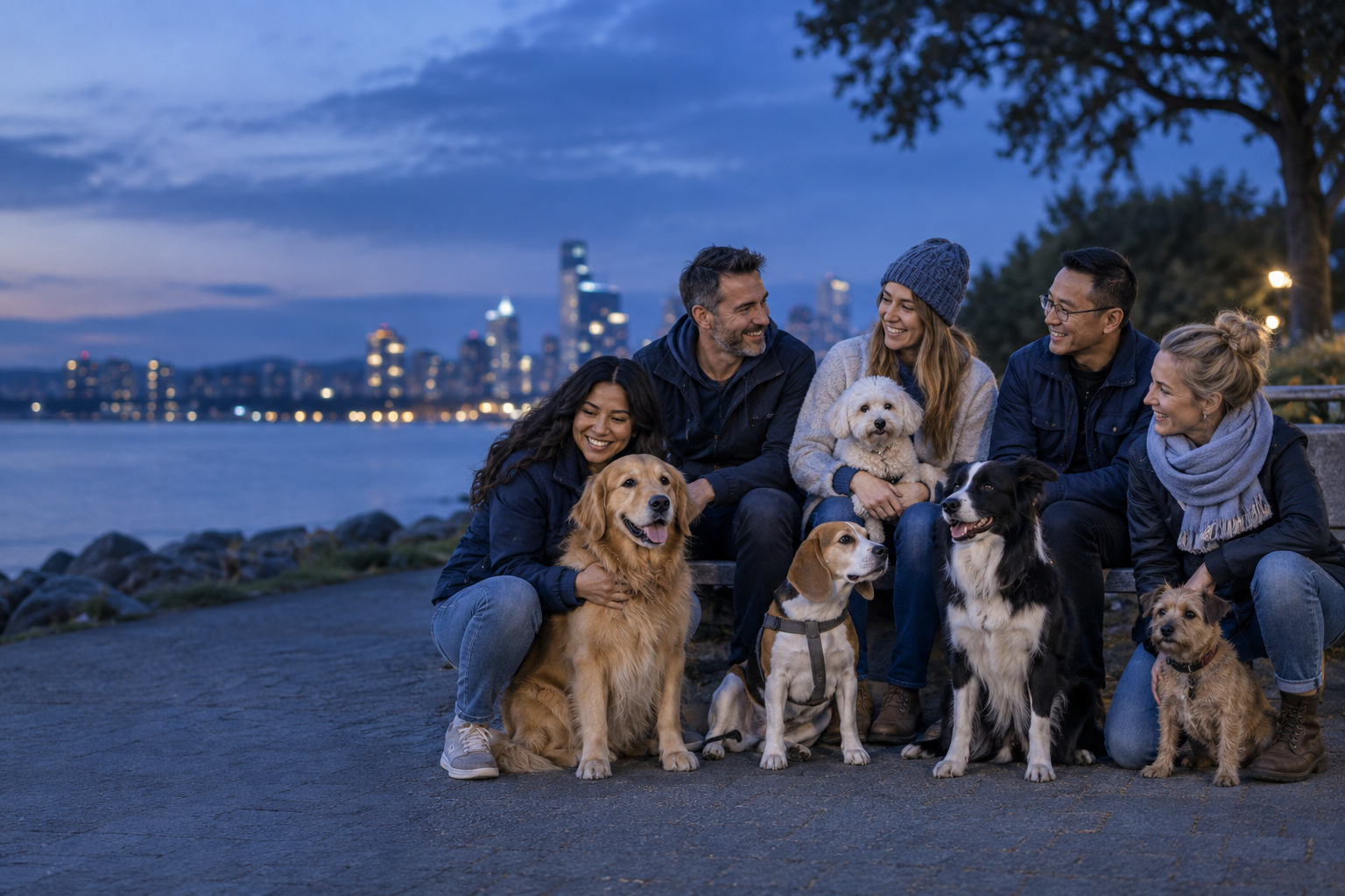 Una comunidad de cinco personas con sus perros al atardecer, en tonos azules