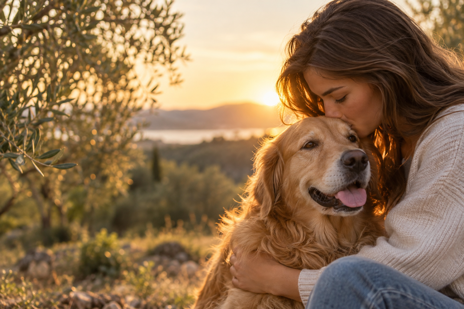 Una mujer besa a su golden retriever