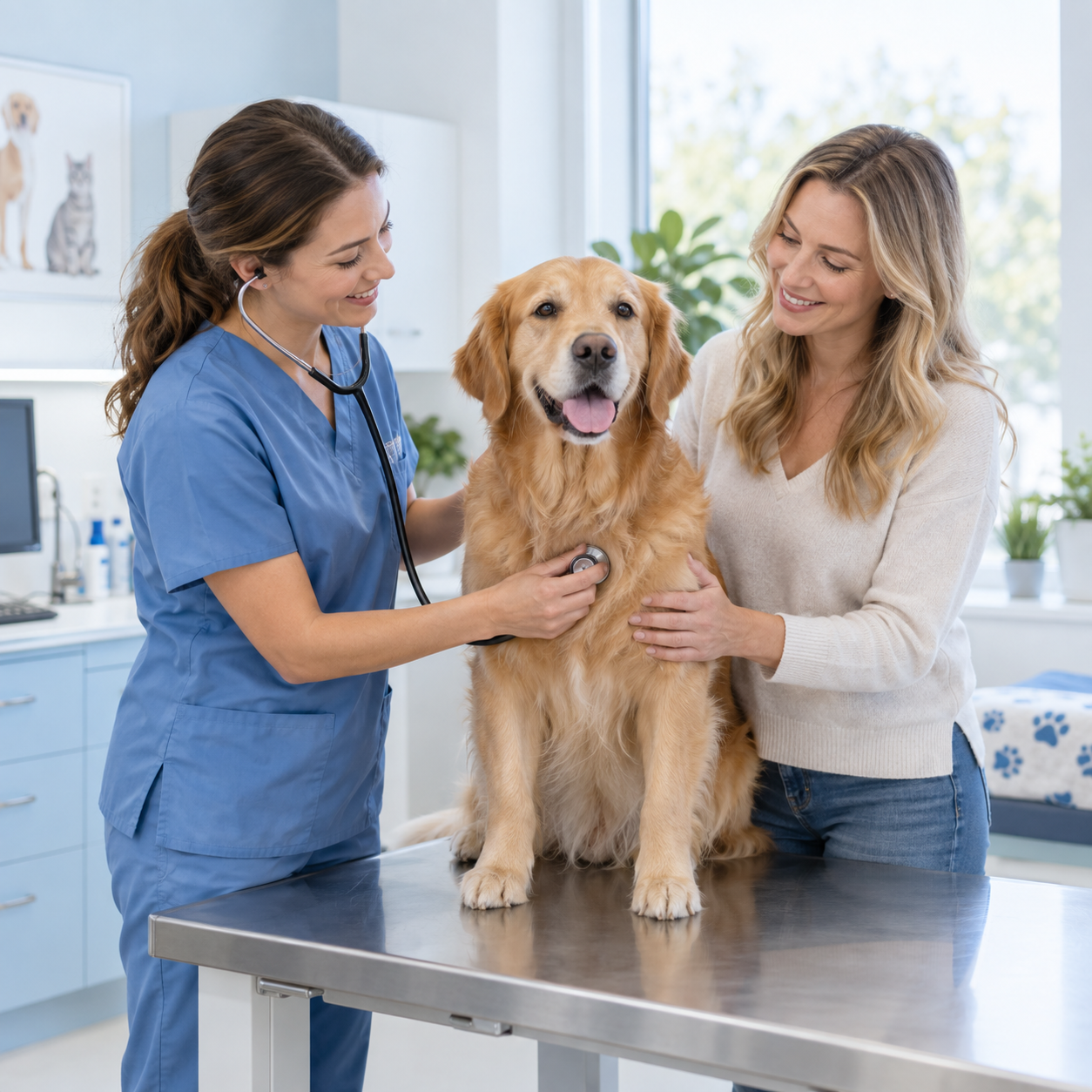 Veterinaria atendiendo a un perro junto a su dueña